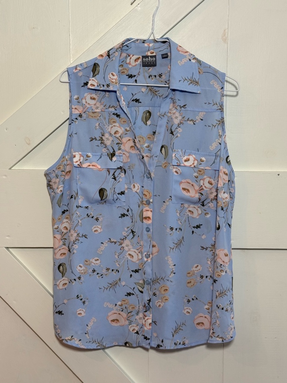 SOHO Jeans Floral Blouse Large Blue Sleeveless Button Front Collared 4 Pocket